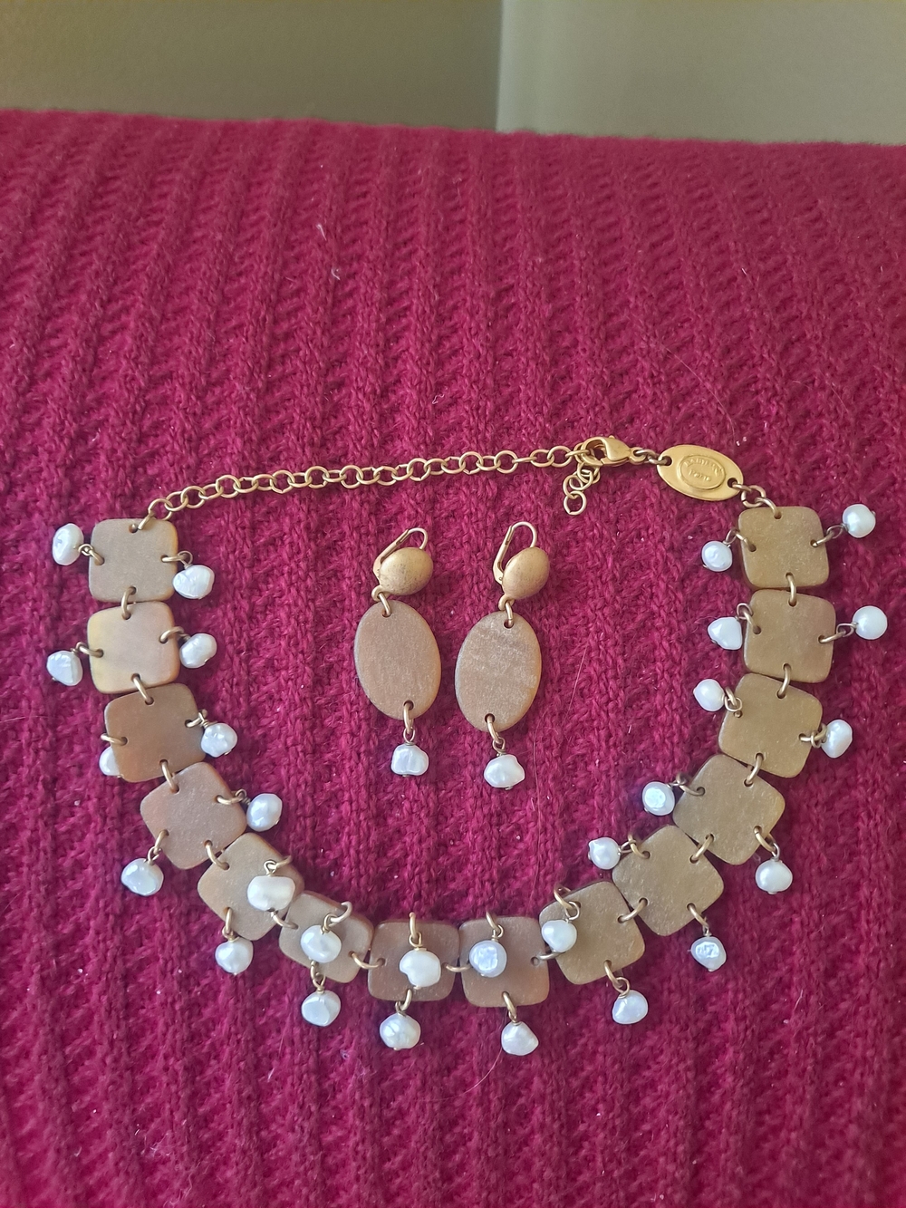 Babylon Paris Gold-Tone Wooden Link Necklace Earring Set with White Bead Accents